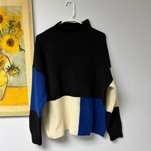 Cato Colorblock Turtleneck Sweater - Black, Blue, and Cream